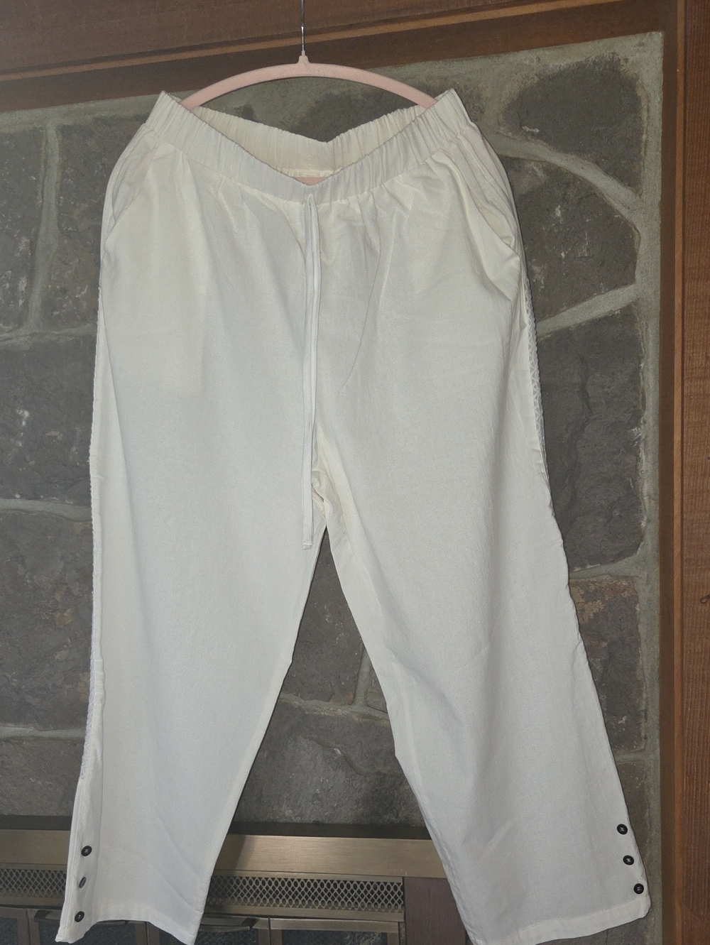 Women's Cream Drawstring Jogger Pants with Button-Hem Detail